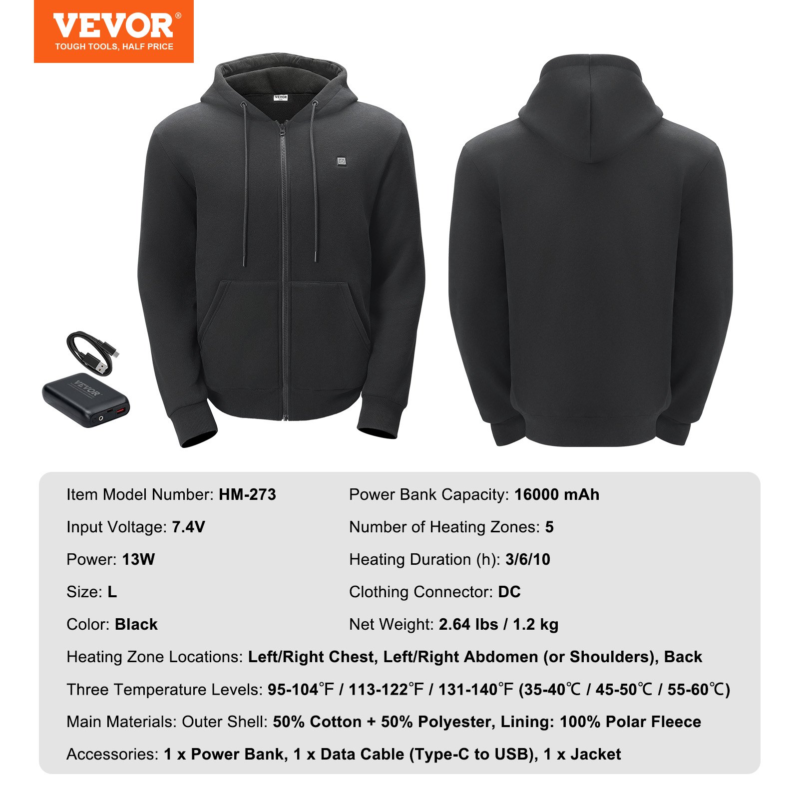 VEVOR Sudadera con Capucha y Calefacción Unisex, Chaqueta Eléctrica con Cremallera y 5 Zonas de Calefacción para Hombre y Mujer, Jersey Ligero y Cálido para Exteriores para Acampada, Talla L, Negro