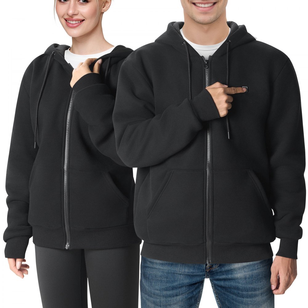 VEVOR Heated Hoodie, Unisex Heated Sweatshirt with Battery Pack 7.4V, Zip Up Electric Jacket with 5 Heating Zones for Men & Women, Lightweight Warm Heated Outdoor Pullover for Camping, S Size Black