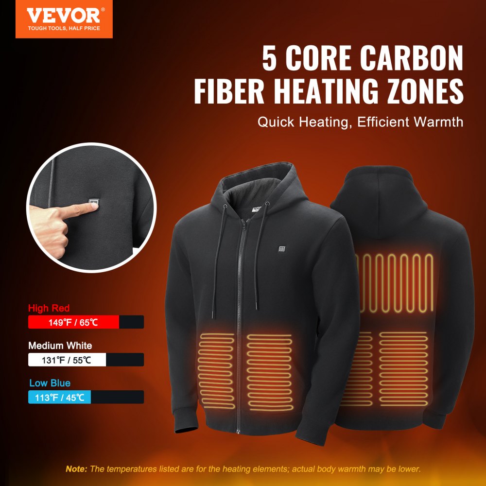 VEVOR Sudadera con Capucha y Calefacción Unisex, Chaqueta Eléctrica con Cremallera y 5 Zonas de Calefacción para Hombre y Mujer, Jersey Ligero y Cálido para Exteriores para Acampada, Talla M, Negro