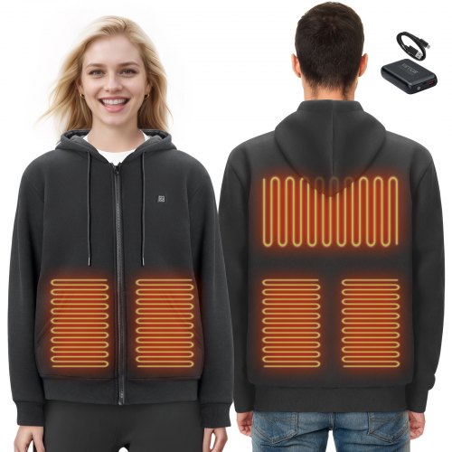 VEVOR Sudadera con Capucha y Calefacción Unisex, Chaqueta Eléctrica con Cremallera y 5 Zonas de Calefacción para Hombre y Mujer, Jersey Ligero y Cálido para Exteriores para Acampada, Talla XXL, Negro