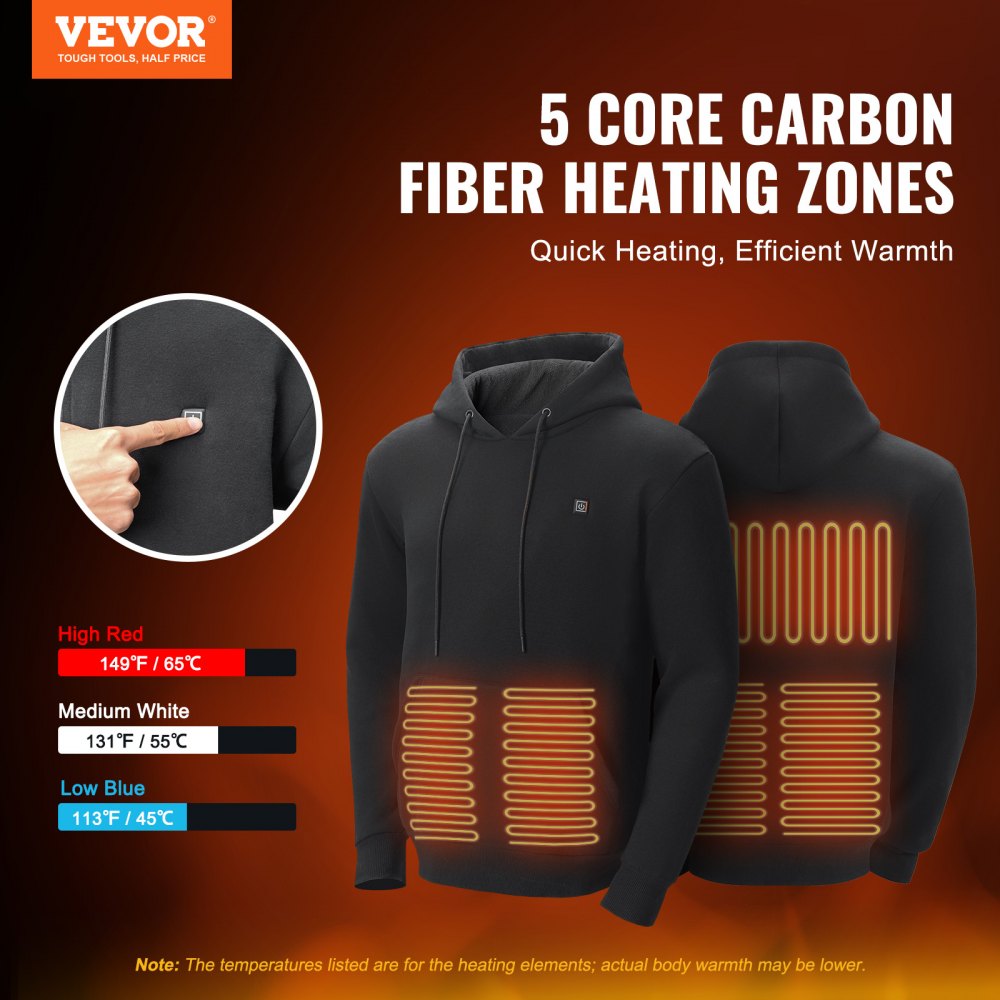 VEVOR Sudadera con Capucha y Calefacción Unisex, Chaqueta Eléctrica con 5 Zonas de Calefacción para Hombres y Mujeres, Jersey Ligero y Cálido para Exteriores para Pesca y Acampada, Talla M, Negro