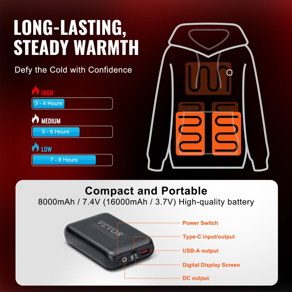 VEVOR Sudadera con Capucha y Calefacción Unisex, Chaqueta Eléctrica con 5 Zonas de Calefacción para Hombres y Mujeres, Jersey Ligero y Cálido para Exteriores para Pesca y Acampada, Talla XXL, Negro