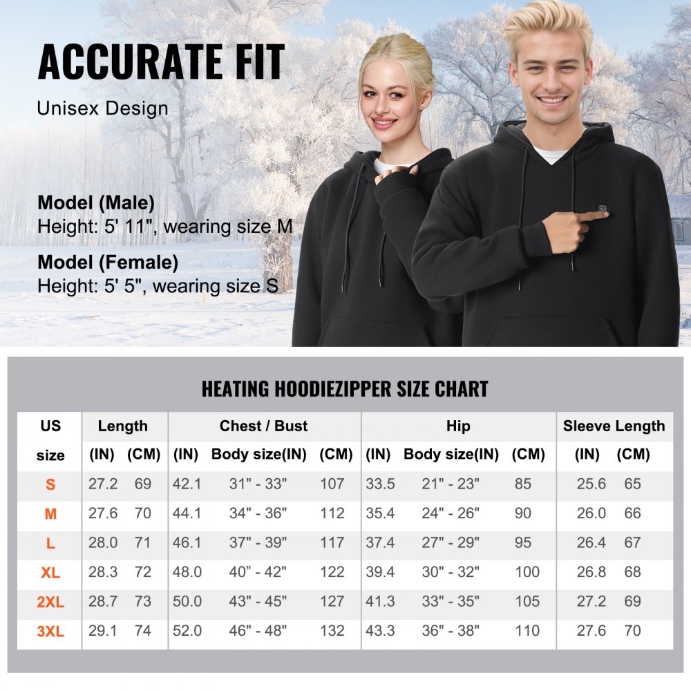VEVOR Heated Hoodie, Unisex Heated Sweatshirt with Battery Pack 7.4V, Electric Jacket with 5 Heating Zones for Men & Women, Lightweight Warm Heated Outdoor Pullover for Fishing Camping, S Size Black