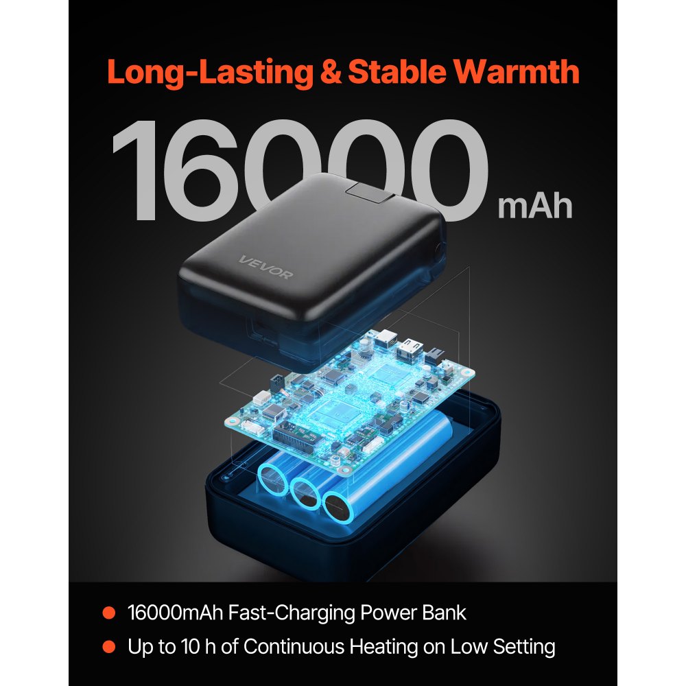 VEVOR Chaqueta Polar Calefactable Hombre, Batería Externa Recargable 7,4 V y 16 000 mAh, 6 Zonas Calentamiento, 35-40/45-50/55-60 °C, 3 h/6 h/10 h de Calor, para Acampadas en Invierno, Negro, S