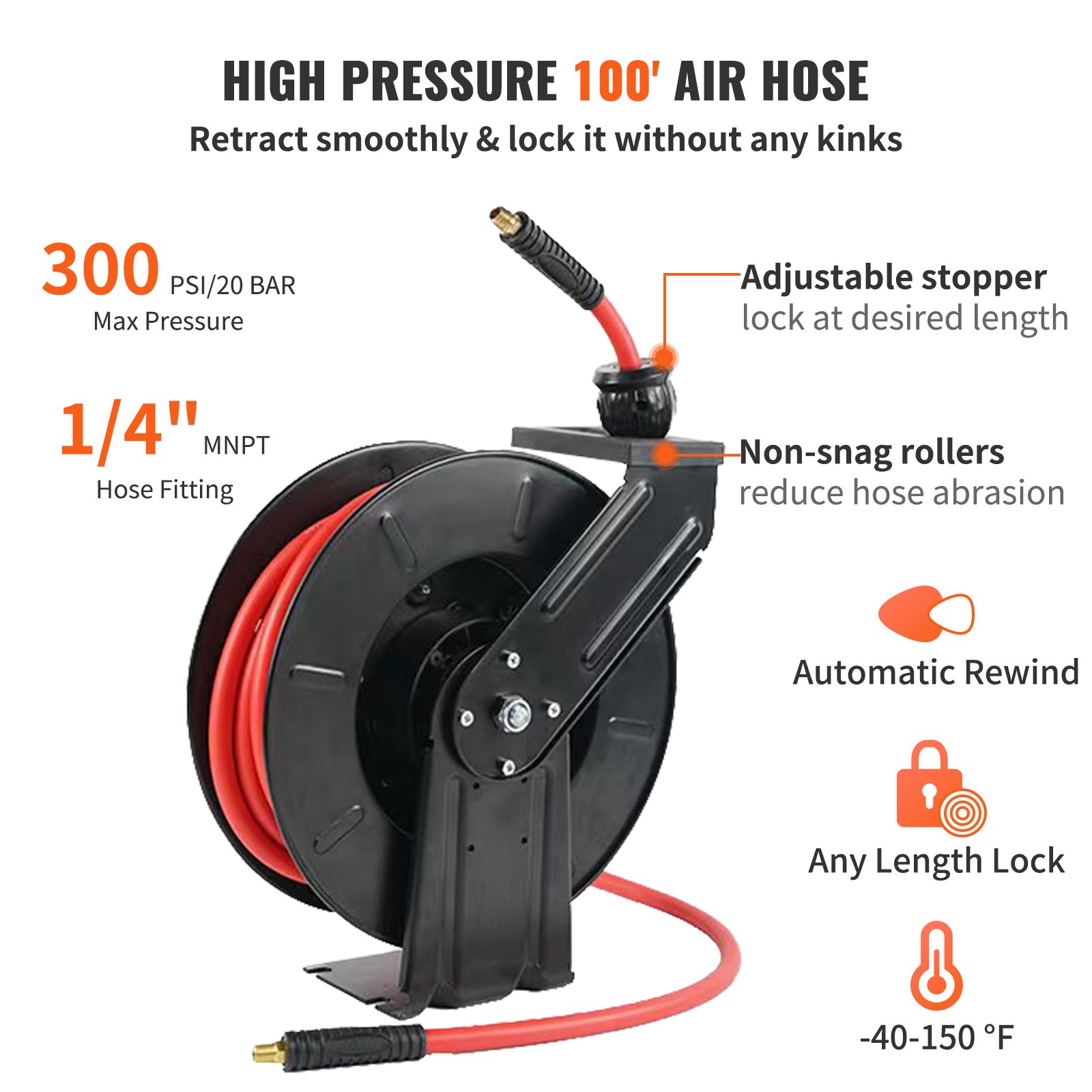 VEVOR Carrete de Manguera de Aire 9,5mmx30,5m Enrollador Automático Manguera de Goma Híbrida Carrete de Cable Retráctil Presión de 300PSI Montaje en Pared/Techo/Suelo Rebobinado Automático para Taller