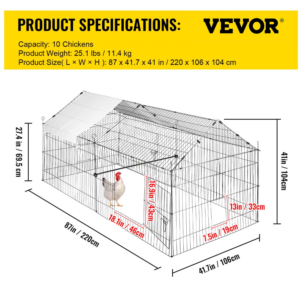 VEVOR Jaula Recinto para Animales Pequeños 220x106x104 cm Gallinero para Exterior con Lona de Tela de Poliéster Blanca Cercado para Gallinero Marco de Hierro para Pollos Conejos Gatos Patos Cachorros