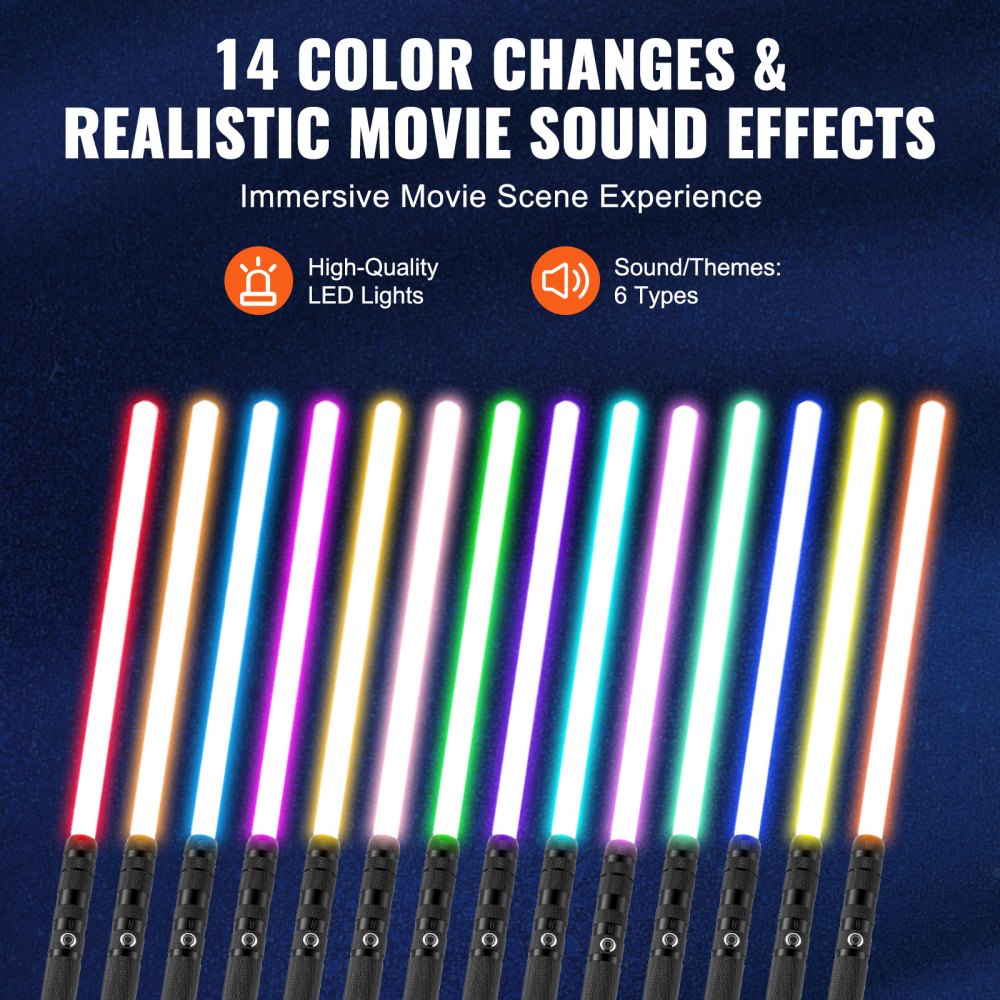 VEVOR Sable de Luz de 780 mm con 14 Colores RGB, Sonido FX y Mango Realista, Espadas de Sable Iluminadas Recargables para Adultos y Niños para Cosplay de Halloween y Navidad, Cumpleaños, Negro