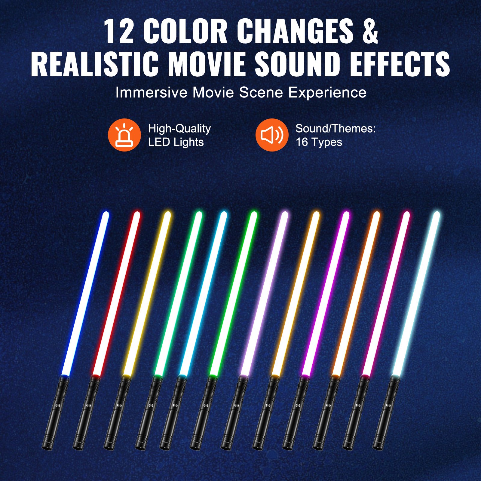 VEVOR Sable de Luz de 100 cm con 12 Colores RGB, Modo Silencioso y Mango Realista, Espadas de Sable Iluminadas Recargables para Adultos y Niños para Cosplay de Halloween y Navidad, Cumpleaños, Negro
