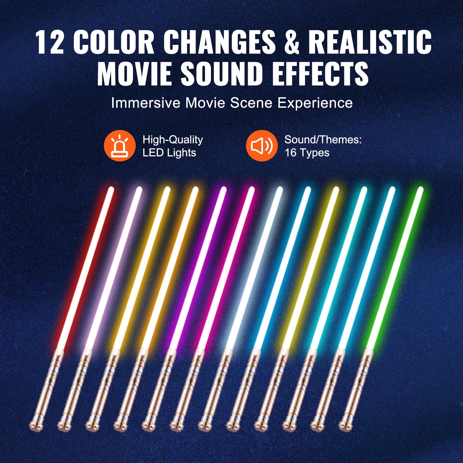 VEVOR Sable de Luz de 104 cm con 12 Colores RGB, Sonido FX y Mango Realista, Espadas de Sable Iluminadas Recargables para Adultos y Niños para Cosplay de Halloween y Navidad, Cumpleaños, Dorado