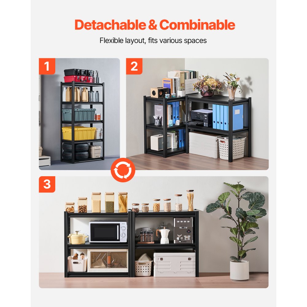VEVOR Storage Shelving Unit, 907 kg, Boltless Shelving Unit, Basement Shelving Unit, Robust Adjustable Metal Workshop Shelving Unit, 5 Shelves, 406.4 x 812.8 x 1600.2 mm, Heavy-Duty Shelving Unit for Kitchen, Workshop, Basement, Warehouse, Black