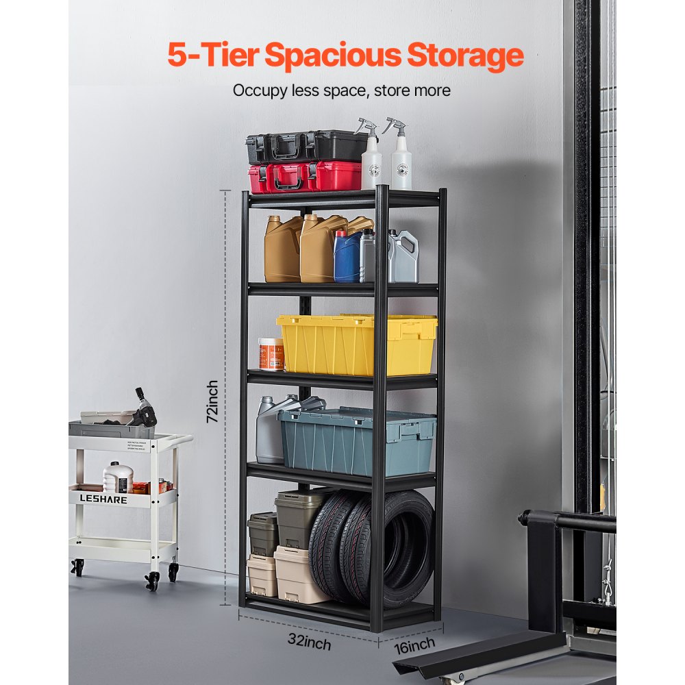 VEVOR Storage Shelving Unit, 907 kg, Boltless Shelving Unit, Basement Shelving Unit, Robust Adjustable Heavy-Duty Metal Shelving Unit, 5 Shelves, 406.4 x 812.8 x 1828.8 mm, Workshop Shelving Unit, for Kitchen, Workshop, Basement, Warehouse, Black