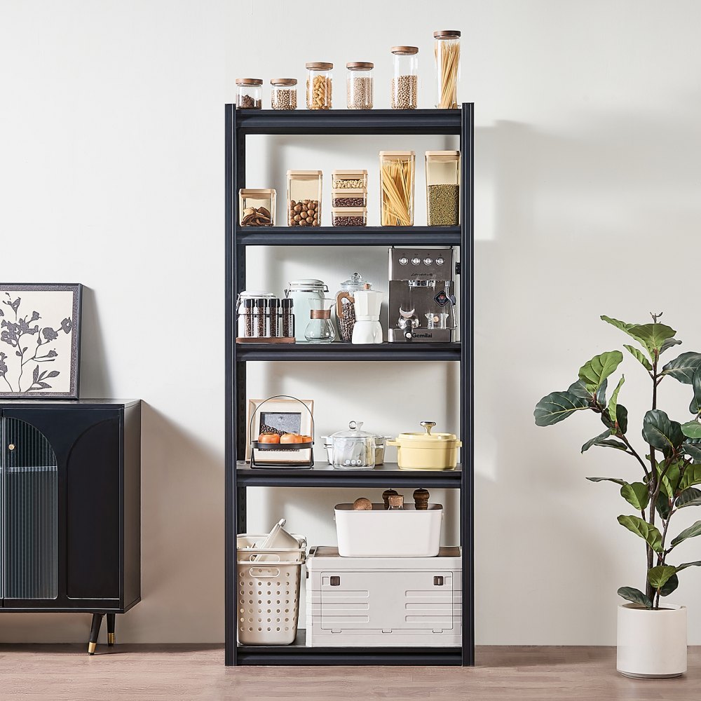 VEVOR Storage Shelving Unit, 907 kg, Boltless Shelving Unit, Basement Shelving Unit, Robust Adjustable Heavy-Duty Metal Shelving Unit, 5 Shelves, 406.4 x 812.8 x 1828.8 mm, Workshop Shelving Unit, for Kitchen, Workshop, Basement, Warehouse, Black