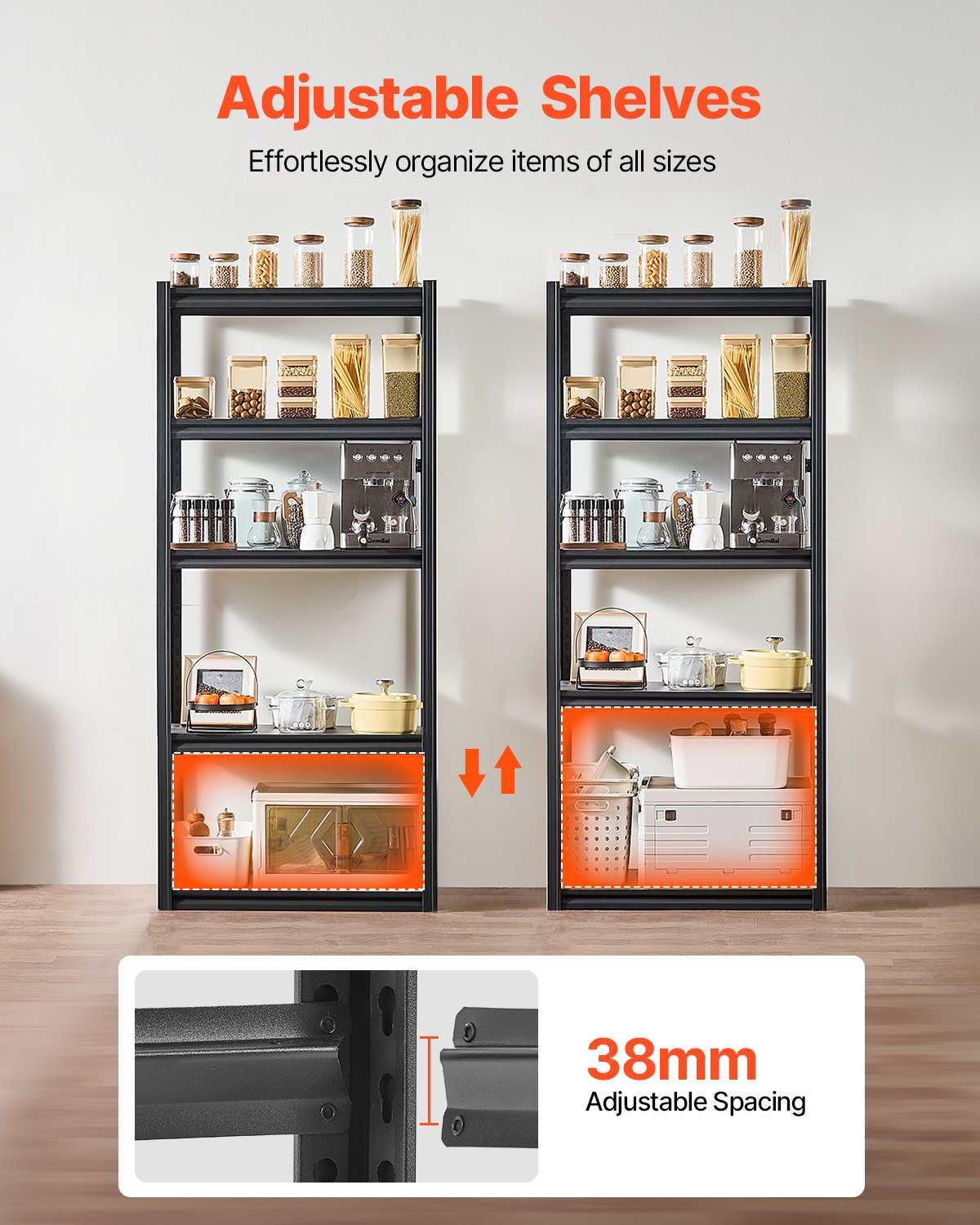 VEVOR Storage Shelving Unit, 907 kg, Boltless Shelving Unit, Basement Shelving Unit, Robust Adjustable Heavy-Duty Metal Shelving Unit, 5 Shelves, 406.4 x 812.8 x 1828.8 mm, Workshop Shelving Unit, for Kitchen, Workshop, Basement, Warehouse, Black