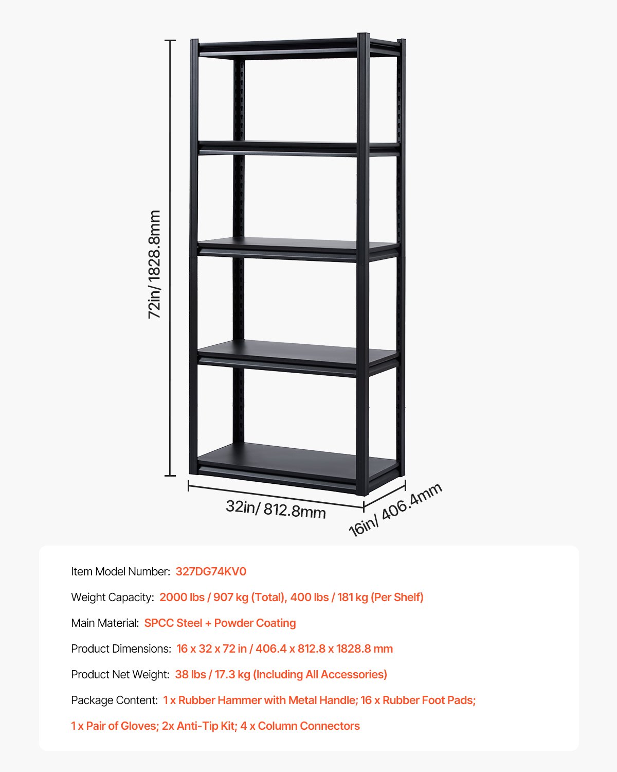 VEVOR Storage Shelving Unit, 907 kg, Boltless Shelving Unit, Basement Shelving Unit, Robust Adjustable Heavy-Duty Metal Shelving Unit, 5 Shelves, 406.4 x 812.8 x 1828.8 mm, Workshop Shelving Unit, for Kitchen, Workshop, Basement, Warehouse, Black