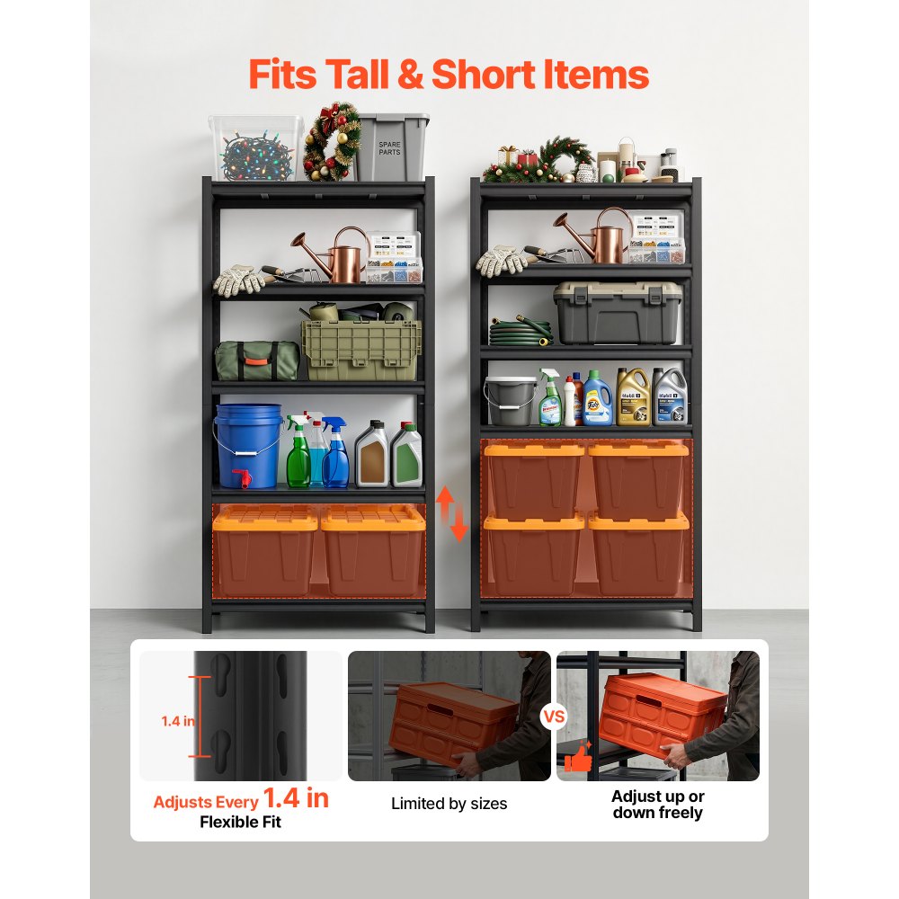 VEVOR Estantería Almacenaje Metálica de 5 Niveles 925 x 417 x 1813 mm, Estantería Multiusos con Altura Ajustable, Capacidad 1360 kg en Total con Estructura de Acero para Trastero Cocina Garaje Almacén