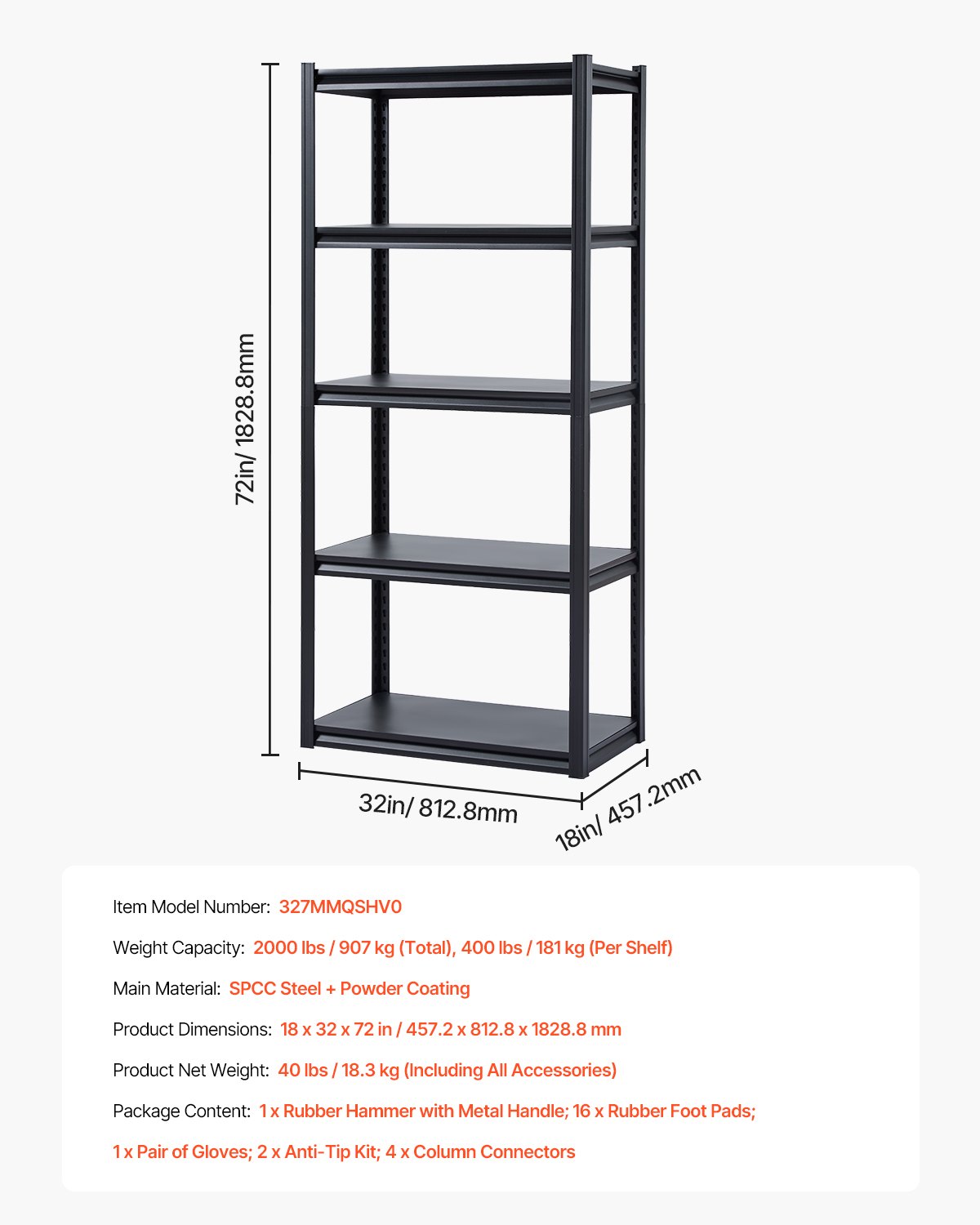 VEVOR Storage Shelving Unit, 907 kg, Boltless Shelving Unit, Basement Shelving Unit, Robust Adjustable Heavy-Duty Metal Shelving Unit, 5 Shelves, 457.2 x 812.8 x 1828.8 mm, Workshop Shelving Unit, for Kitchen, Workshop, Basement, Warehouse, Black