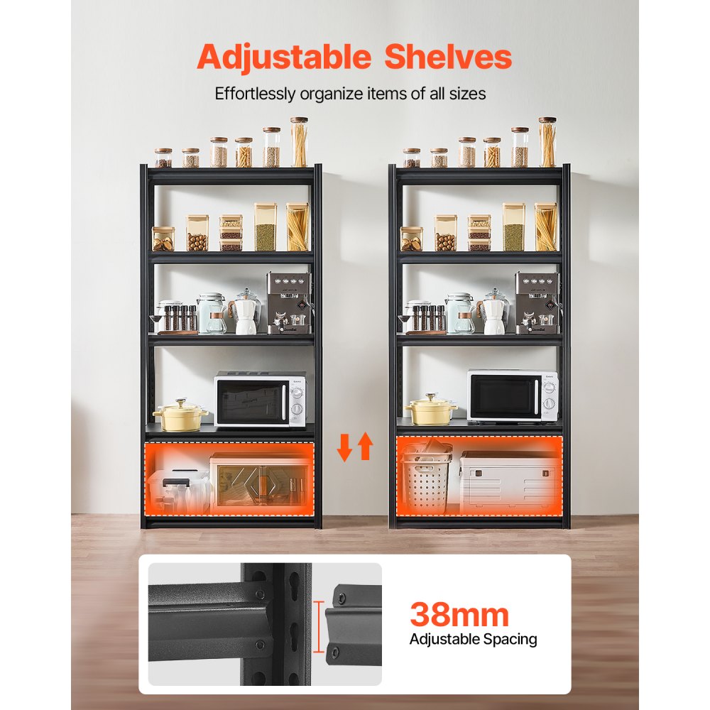 VEVOR Storage Shelving Unit, 907 kg, Boltless Shelving Unit, Basement Shelving Unit, Robust Adjustable Metal Garage Shelving Unit, 5 Shelves, 457.2 x 914.4 x 1828.8 mm, Shelving Unit for Kitchen, Workshop, Basement, Warehouse, Black