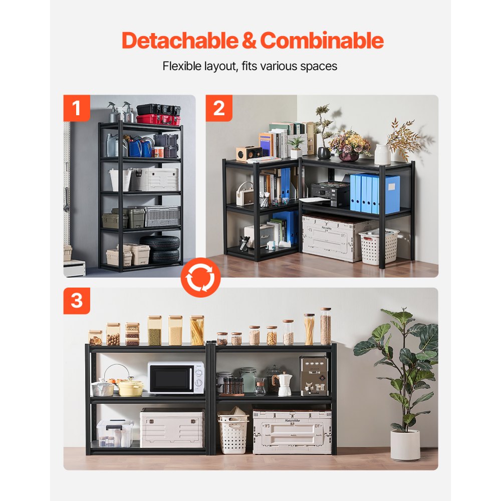 VEVOR Storage Rack, 907 kg, Boltless Shelving Unit, Basement Shelving Unit, Robust Adjustable Metal Garage Shelving Unit, 5 Shelves, 457.2 x 1016 x 1828.8 mm, Storage Rack, for Kitchen, Workshop, Basement, Warehouse, Black