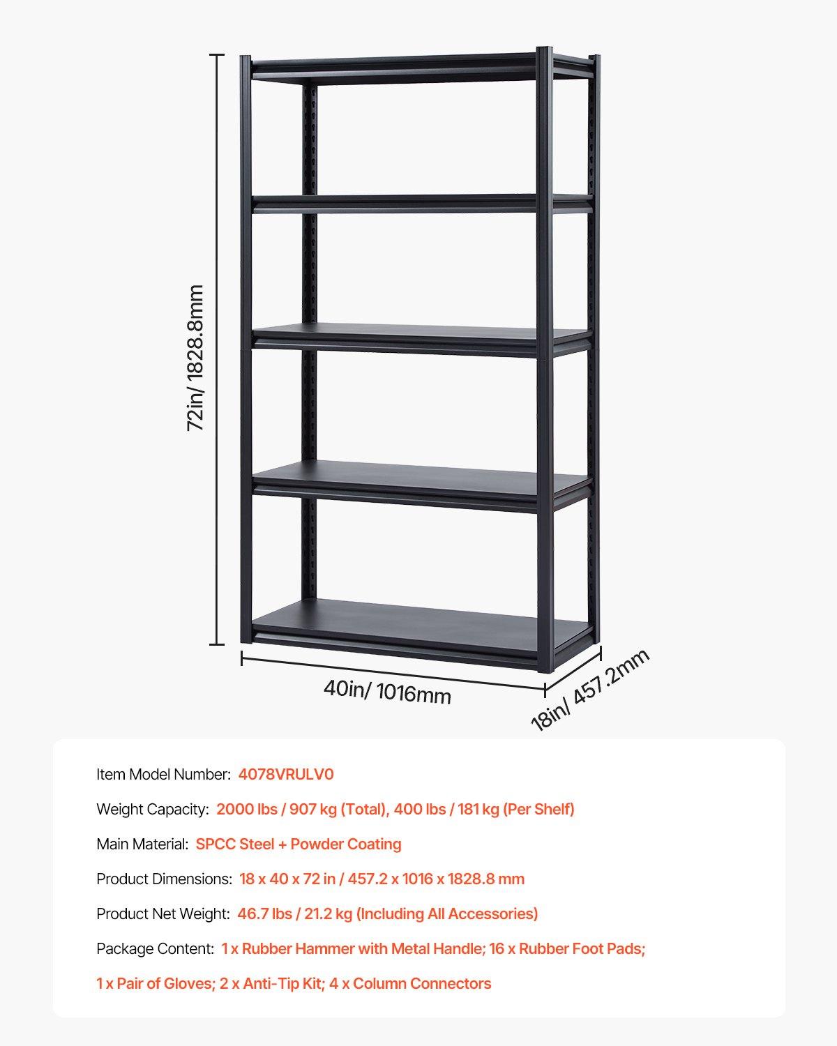 VEVOR Storage Rack, 907 kg, Boltless Shelving Unit, Basement Shelving Unit, Robust Adjustable Metal Garage Shelving Unit, 5 Shelves, 457.2 x 1016 x 1828.8 mm, Storage Rack, for Kitchen, Workshop, Basement, Warehouse, Black
