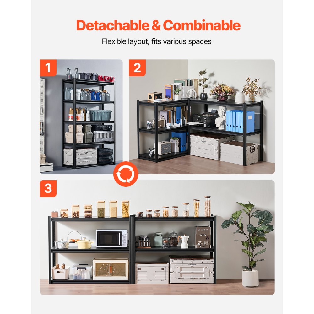 VEVOR Garage Shelving Unit, 1361 kg, Boltless Shelving Unit, Basement Shelving Unit, Robust Adjustable Metal Storage Rack, 5 Shelves, 457.2 x 1219.2 x 1981.2 mm, Storage Unit, for Kitchen, Workshop, Basement, Warehouse, Black