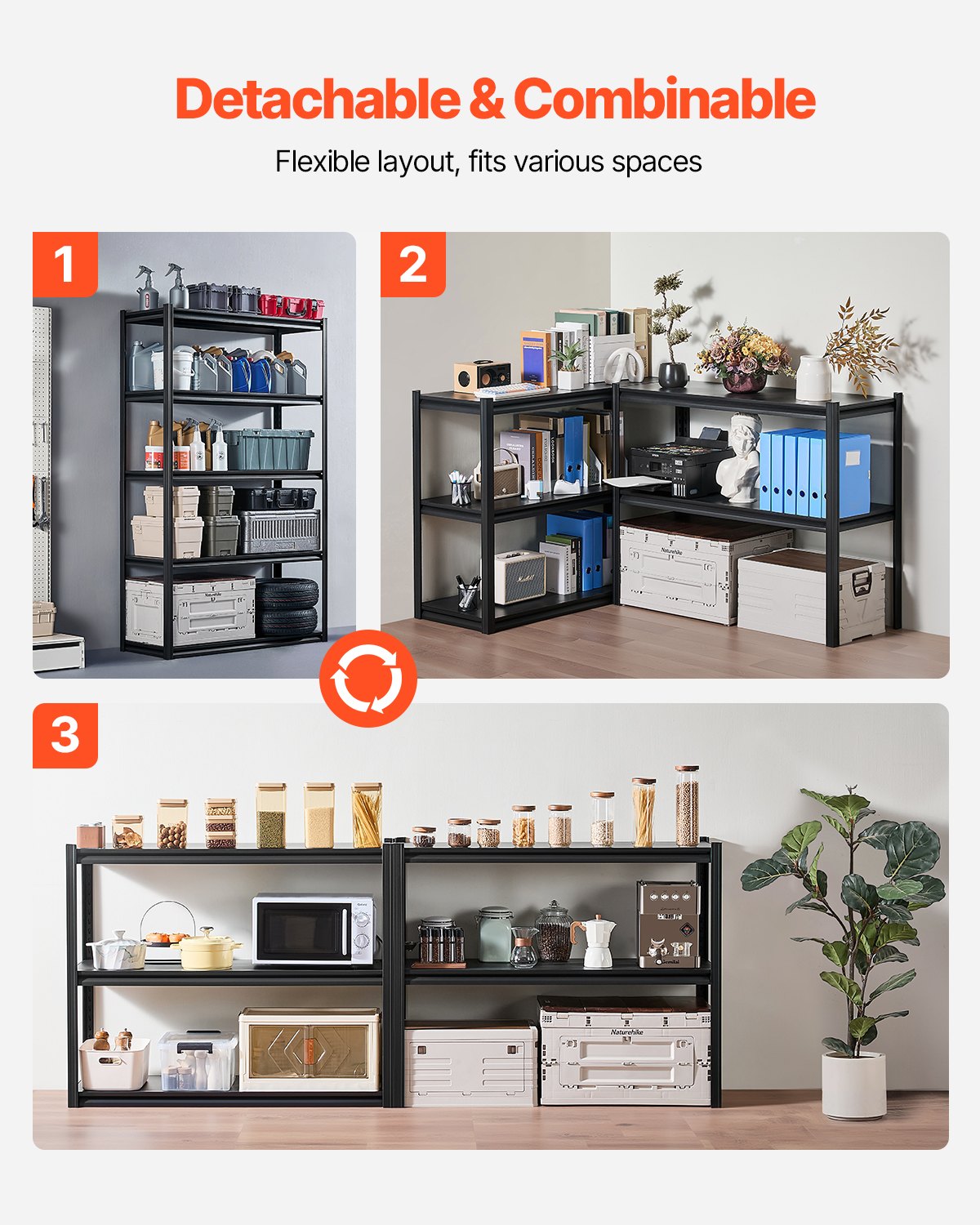 VEVOR Garage Shelving Unit, 1361 kg, Boltless Shelving Unit, Basement Shelving Unit, Robust Adjustable Metal Storage Rack, 5 Shelves, 457.2 x 1219.2 x 1981.2 mm, Storage Unit, for Kitchen, Workshop, Basement, Warehouse, Black