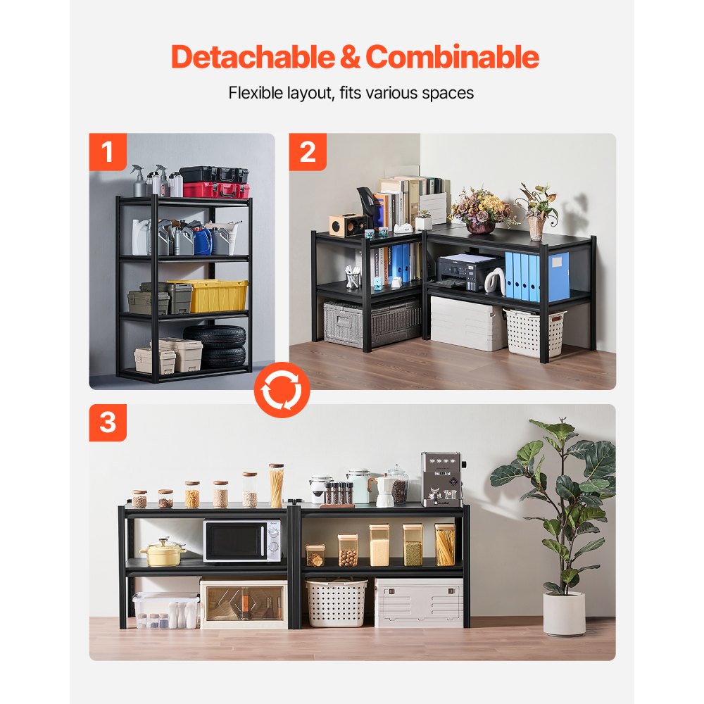 VEVOR Garage Shelving Unit, 1088.6 kg, Boltless Shelving Unit, Adjustable Metal Storage Shelf, 4 Tiers, 508x1016x1447.8 mm, Basement Shelving Unit, Shelf for Kitchen, Workshop, Cellar, Storage, Black