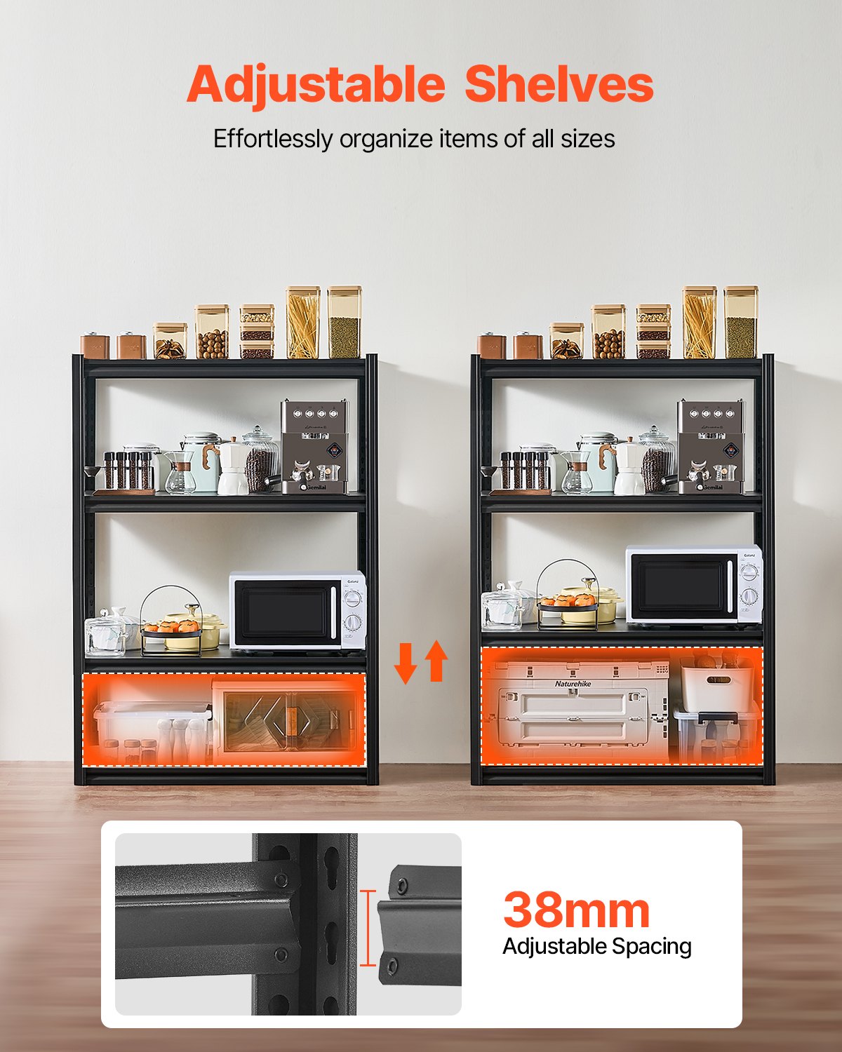 VEVOR Garage Shelving Unit, 1088.6 kg, Boltless Shelving Unit, Adjustable Metal Storage Shelf, 4 Tiers, 508x1016x1447.8 mm, Basement Shelving Unit, Shelf for Kitchen, Workshop, Cellar, Storage, Black