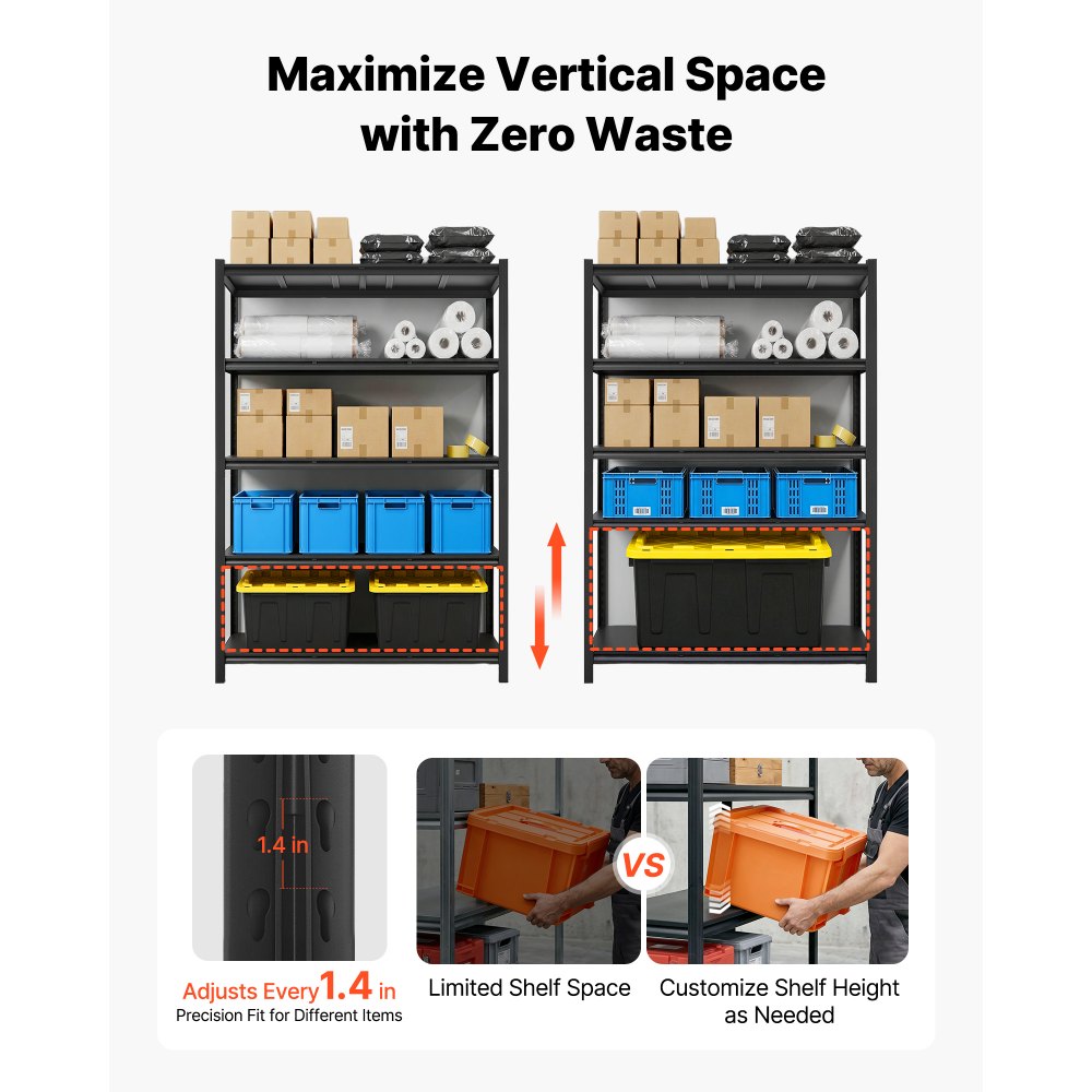 VEVOR Estantería Almacenaje Metálica de 5 Niveles 1230 x 522 x 1813 mm, Estantería Multiusos con Altura Ajustable, Capacidad 1360 kg en Total con Estructura de Acero para Trastero Hogar Sótano Cocina
