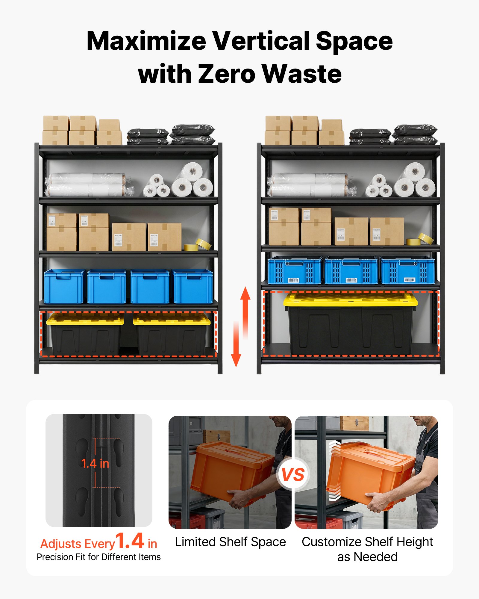 VEVOR Estantería Almacenaje Metálica de 5 Niveles 1511 x 522 x 1813 mm, Estantería Multiusos Altura Ajustable, Capacidad 1360 kg en Total con Estructura de Acero para Sótano Cocina Trastero Hogar