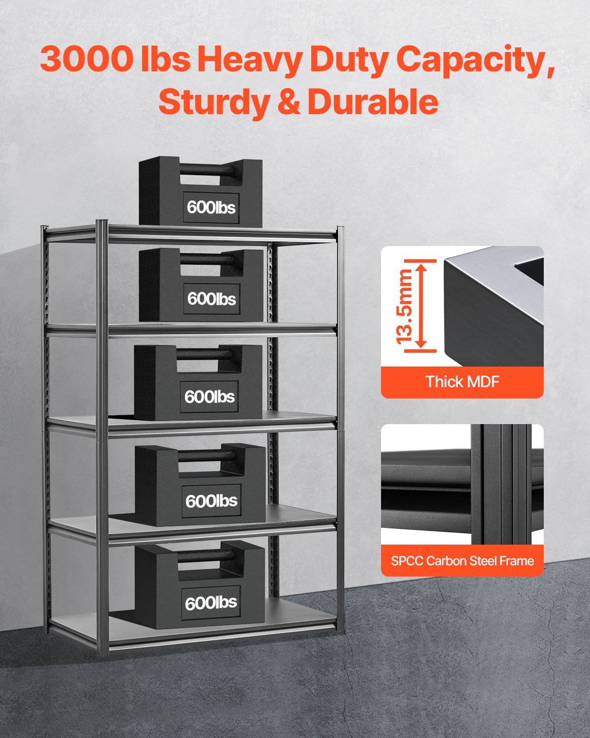 VEVOR Garage Shelving Unit, 1361 kg, Boltless Shelving Unit, Basement Shelving Unit, Adjustable Metal Storage Shelving Unit, 5 Tiers, 609.6 x 1219.2 x 1828.8 mm, Storage Unit, for Kitchen, Workshop, Basement, Warehouse, Black