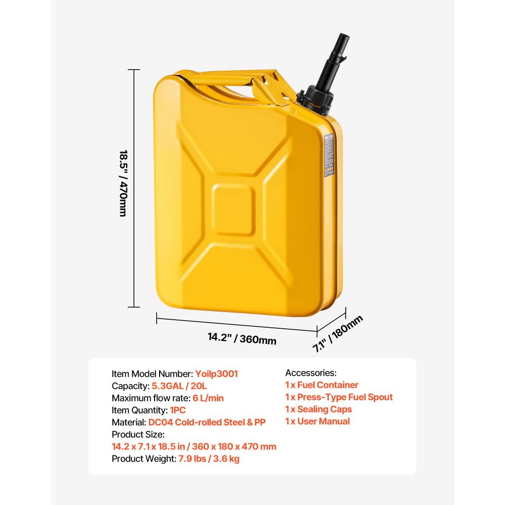 VEVOR Bidón de Gasolina de 20 L, Tanque de Combustible de Metal y PP con Pico y Asa, Caudal Máximo de 6 L/min, a Prueba de Fugas, para la Mayoría de Autos, Motocicletas, ATV, UTV, Amarillo, 1 Pieza