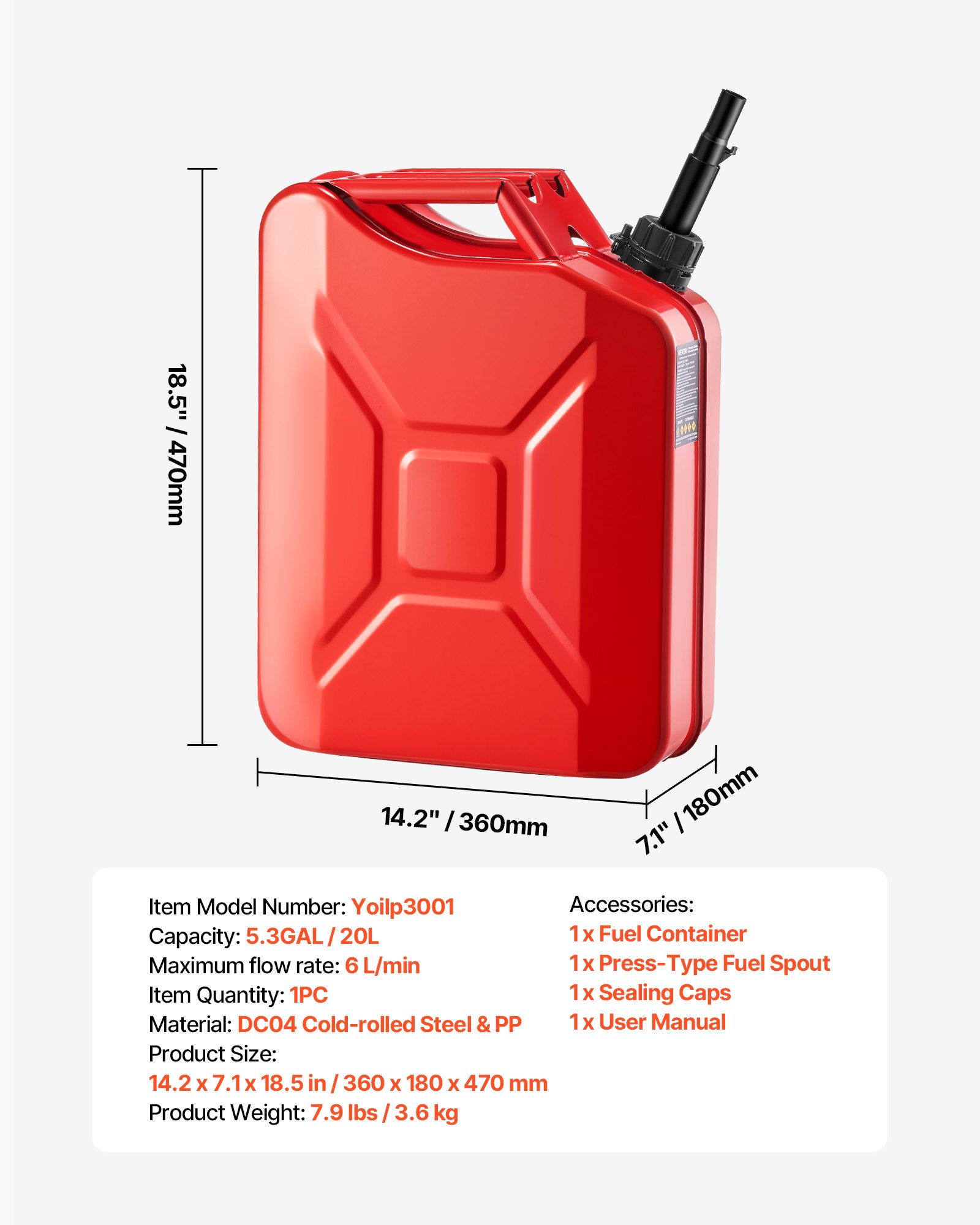 VEVOR Bidón de Gasolina de 20 L, Tanque de Combustible de Metal y PP con Boquilla y Asa, Caudal Máximo de 6 L/min, a Prueba de Fugas, para la Mayoría de Autos, Motocicletas, ATV, UTV, Rojo, 1 Pieza