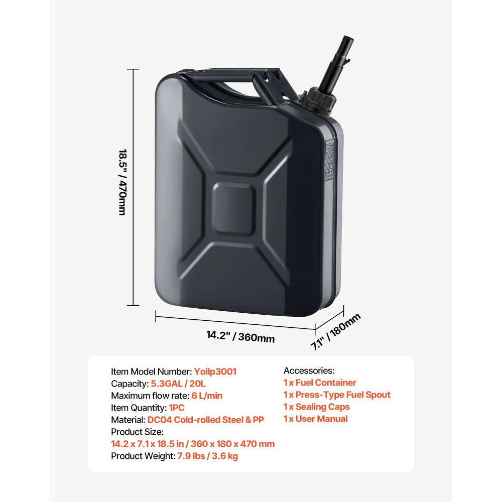 VEVOR Bidón de Gasolina de 20 L, Tanque de Combustible de Metal y PP con Pico y Asa, Caudal Máximo de 6 L/min, a Prueba de Fugas, para la Mayoría de Autos, Motocicletas, ATV, UTV, Negro, 1 Pieza