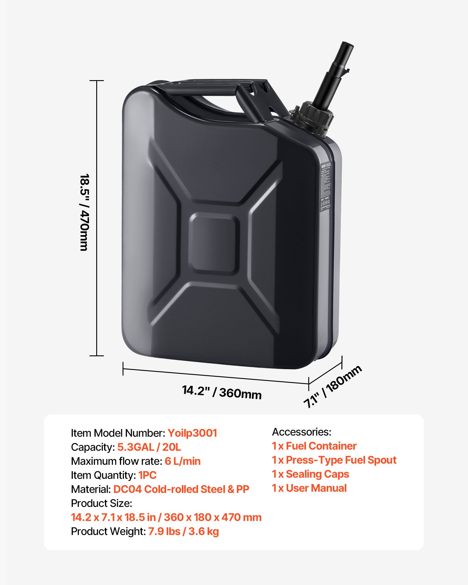 VEVOR Bidón de Gasolina de 20 L, Tanque de Combustible de Metal y PP con Pico y Asa, Caudal Máximo de 6 L/min, a Prueba de Fugas, para la Mayoría de Autos, Motocicletas, ATV, UTV, Negro, 1 Pieza