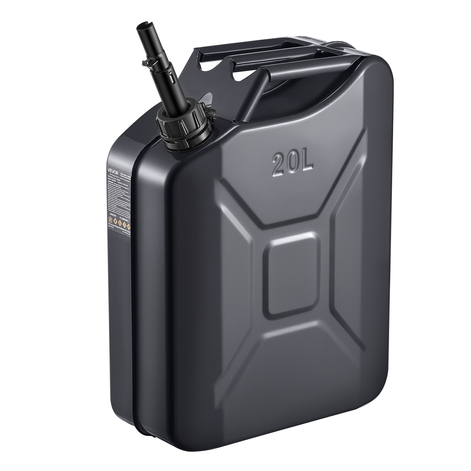 VEVOR Bidón de Gasolina de 20 L, Tanque de Combustible de Metal y PP con Pico y Asa, Caudal Máximo de 6 L/min, a Prueba de Fugas, para la Mayoría de Autos, Motocicletas, ATV, UTV, Negro, 1 Pieza