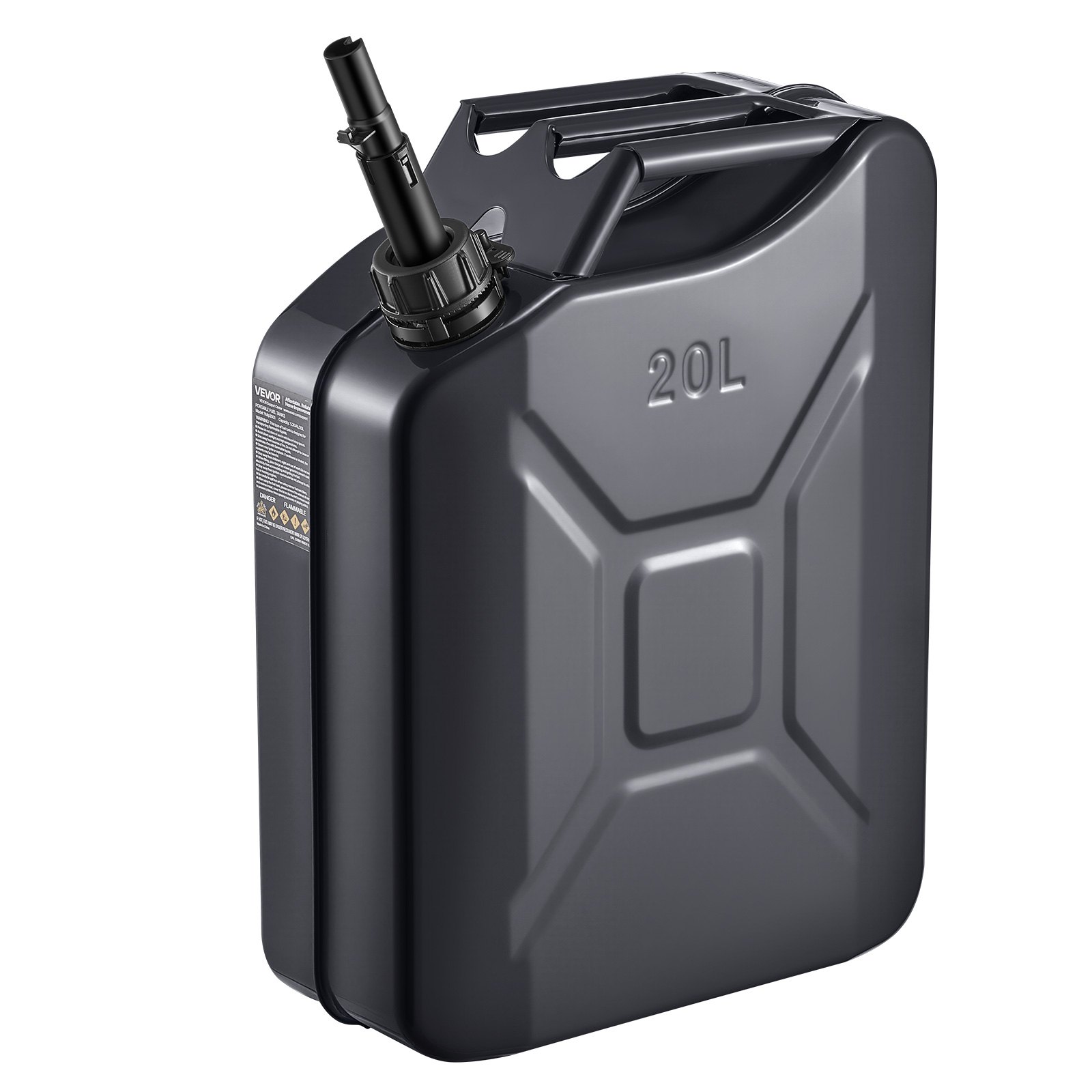 VEVOR Bidón de Gasolina de 20 L, Tanque de Combustible de Metal y PP con Pico y Asa, Caudal Máximo de 6 L/min, a Prueba de Fugas, para la Mayoría de Autos, Motocicletas, ATV, UTV, Negro, 1 Pieza