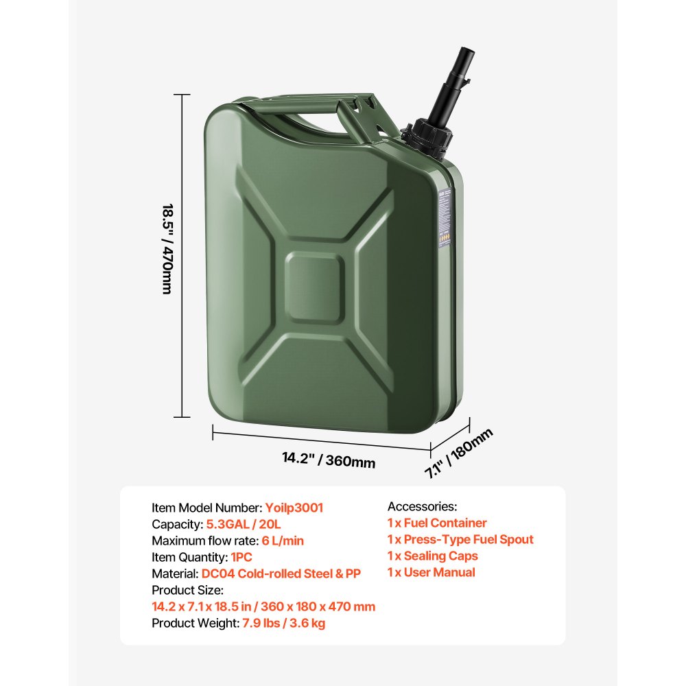 VEVOR Bidón de Gasolina de 20 L, Tanque de Combustible de Metal y PP con Pico y Asa, Caudal Máximo de 6 L/min, a Prueba de Fugas, para la Mayoría de Autos, Motocicletas, ATV, UTV, Verde, 1 Pieza