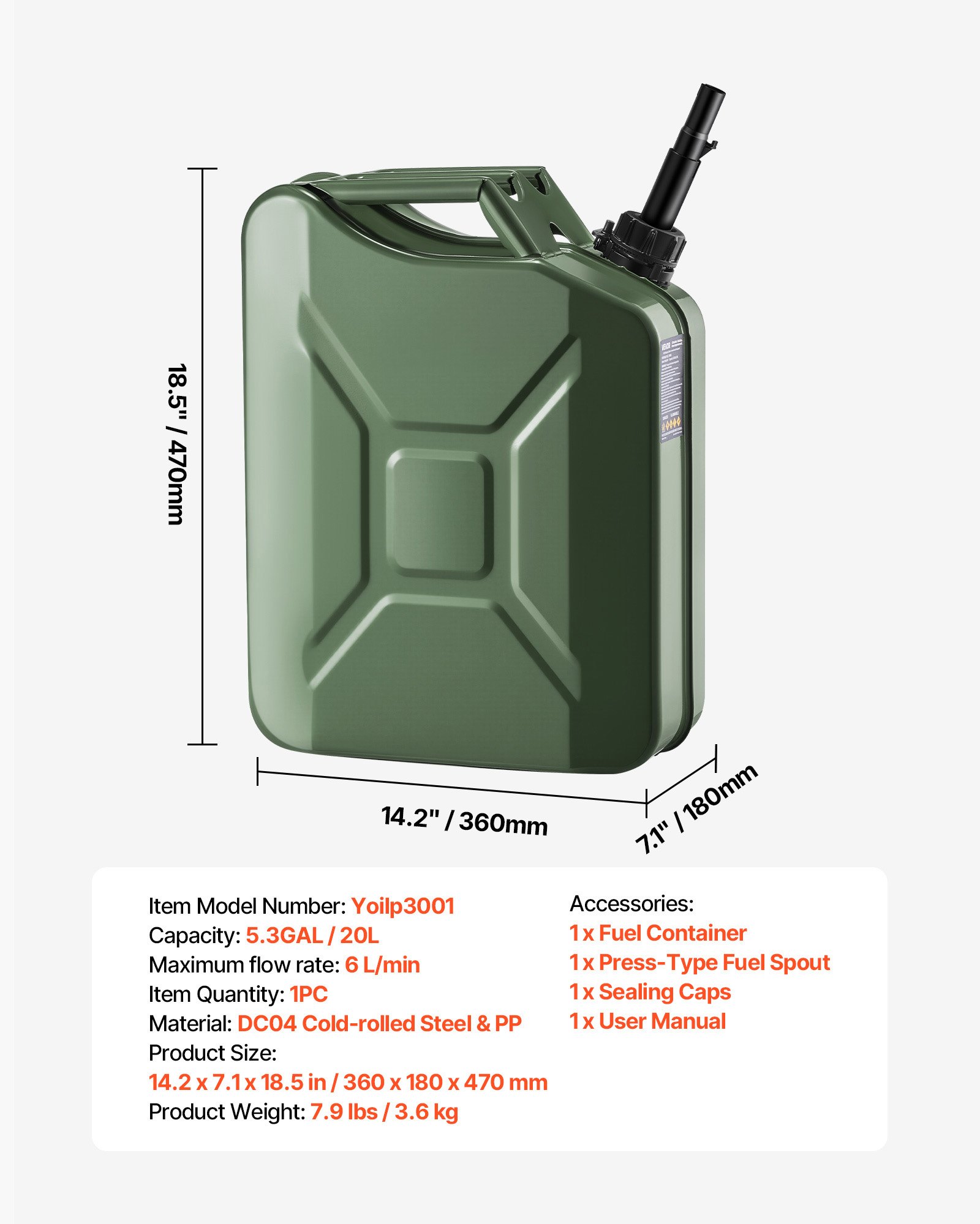 VEVOR Bidón de Gasolina de 20 L, Tanque de Combustible de Metal y PP con Pico y Asa, Caudal Máximo de 6 L/min, a Prueba de Fugas, para la Mayoría de Autos, Motocicletas, ATV, UTV, Verde, 1 Pieza