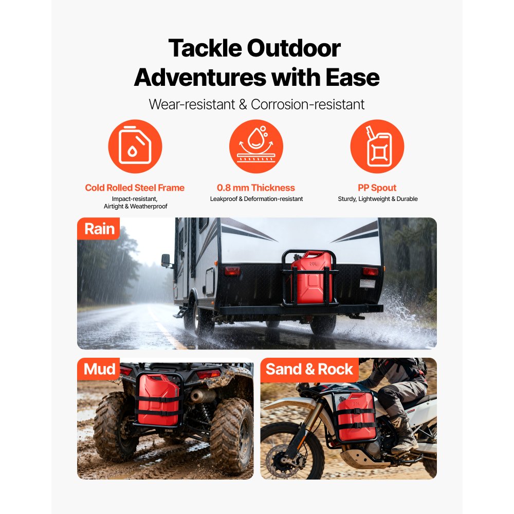 VEVOR Metal Fuel Container, 20 L, Fuel Jerry Can with Spout and Comfort Handle, 6 L/min Max Flow Rate, Leakproof & Corrosion-resistant Metal Gas Tank Most Cars Motorcycle ATV UTV, Red, 2 Packs