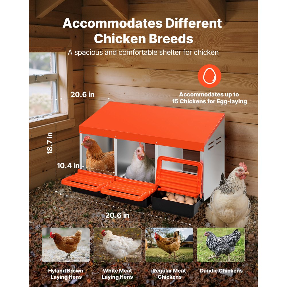 VEVOR Nido para Gallinas de 3 Compartimentos, Acero Galvanizado y Plástico de Alta Resistencia, Apto para Diversas Razas, con Bandeja Inclinada y Amplia Zona de Anidación, 79,6 x 52,5 x 47,5 cm