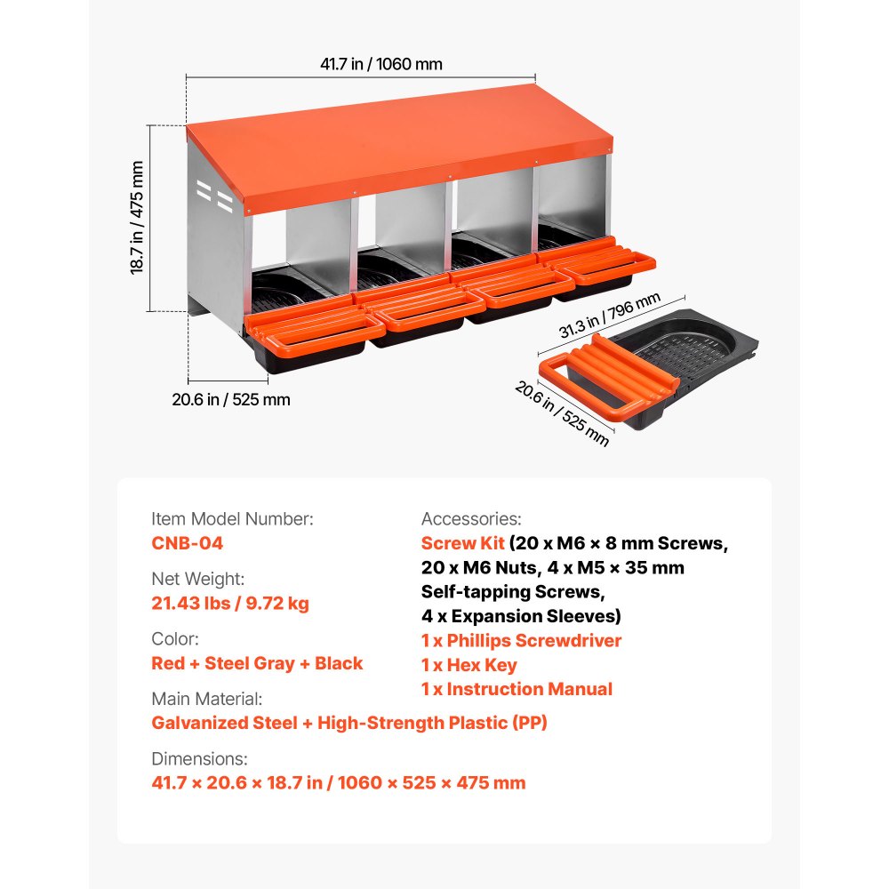 VEVOR Nido para Ponedoras 1060 x 525 x 475 mm, 4 Compartimentos, Nido Metálico con Bandejas Antigoteo Protectoras y Orificios de Ventilación, para Gallinas, Patos, Pollos y Otras Aves de Corral