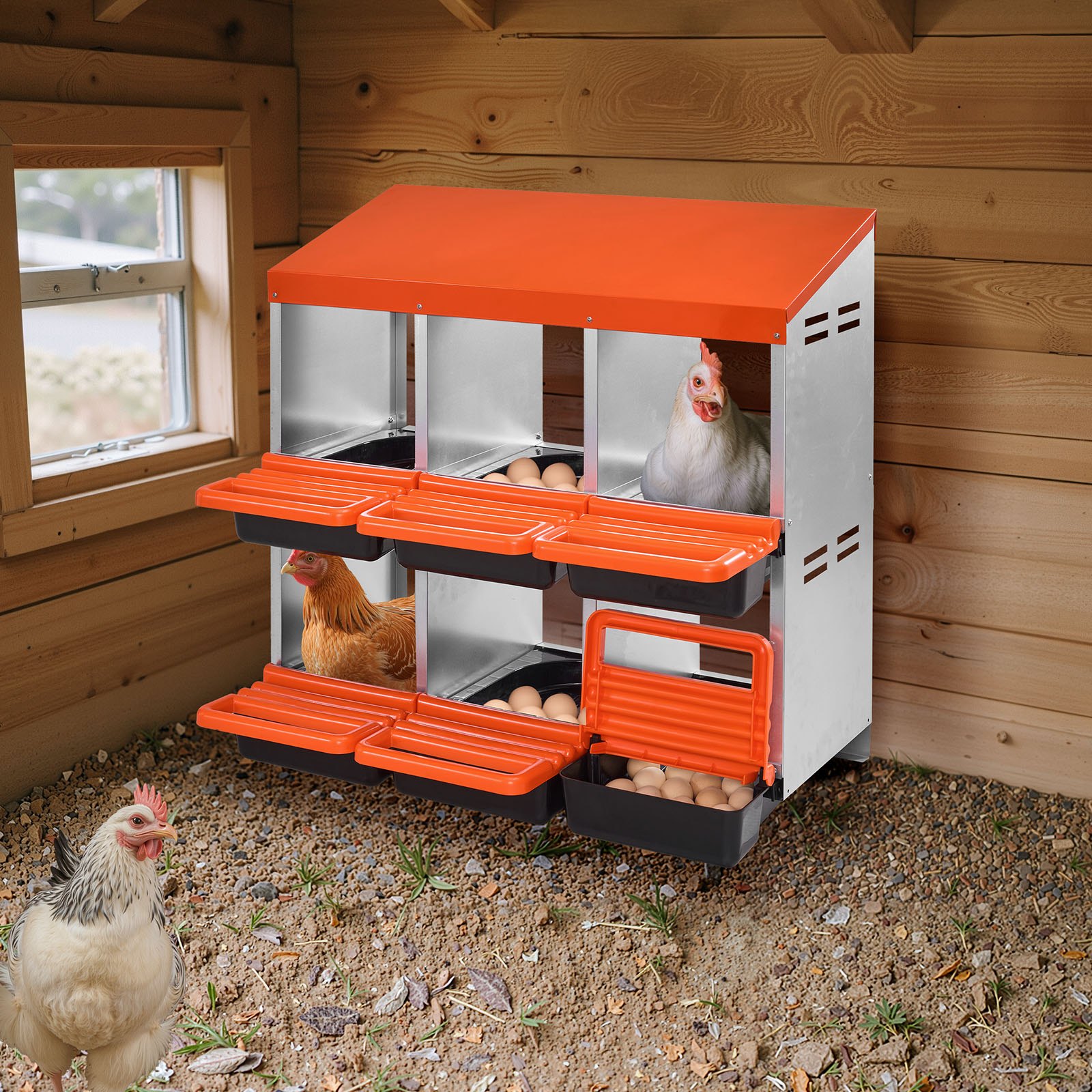 VEVOR Caja Nido para Gallinas 6 Compartimentos, 796 x 525 x 790 mm, Ponederos para Gallinas de Metal con Nidos Inclinados, Plataforma de Descanso Apto para Diferentes Razas de Gallinas, Patos
