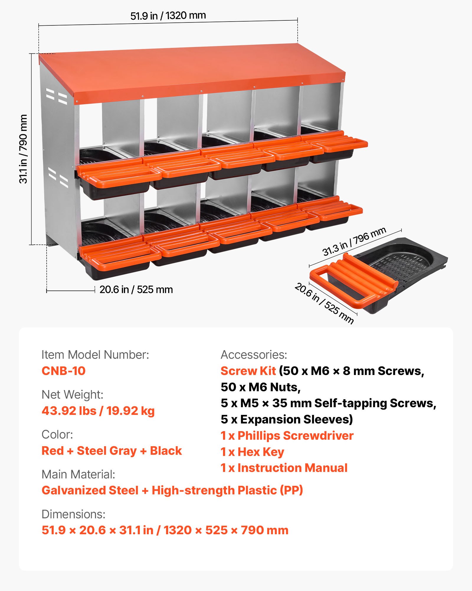 VEVOR Caja Nido para Gallinas 10 Compartimentos, 1320 x 525 x 790 mm, Ponederos para Gallinas de Metal con Nidos Inclinados, Plataforma de Descanso Apto para Diferentes Razas de Gallinas, Patos