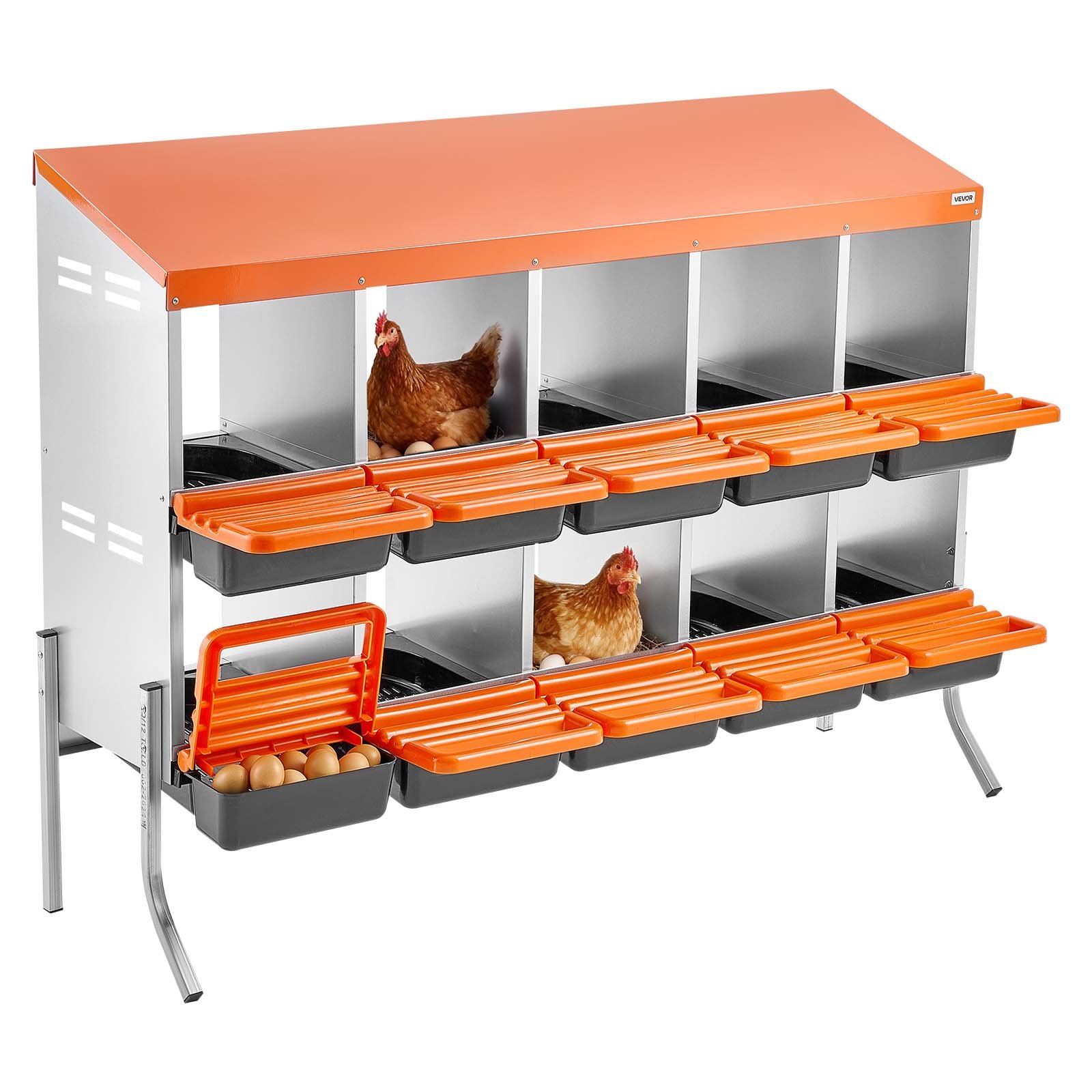 VEVOR Nidos para Gallinas, 10 Compartimentos, con Patas de Soporte, Fácil Recogida de Huevos, Acero Galvanizado y Plástico de Alta Resistencia, para Gallinas Ponedoras, Naranja, 1320 x 525 x 990 mm