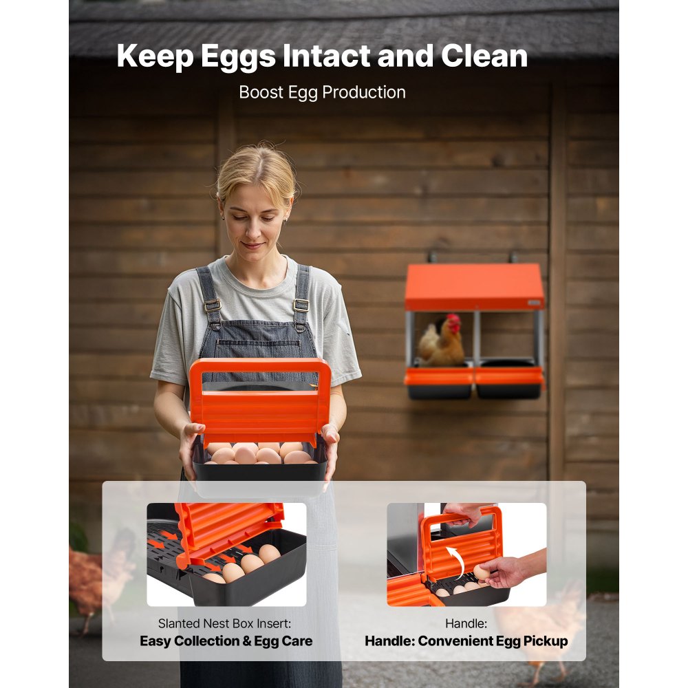 VEVOR Chicken Nesting Boxes, 2 Compartments, Easy Egg Collection, Wall Mount, Easy to Assemble, Galvanized Steel and High-Strength Plastic, Roll Away Nesting Boxes for Chickens Laying Eggs, Orange