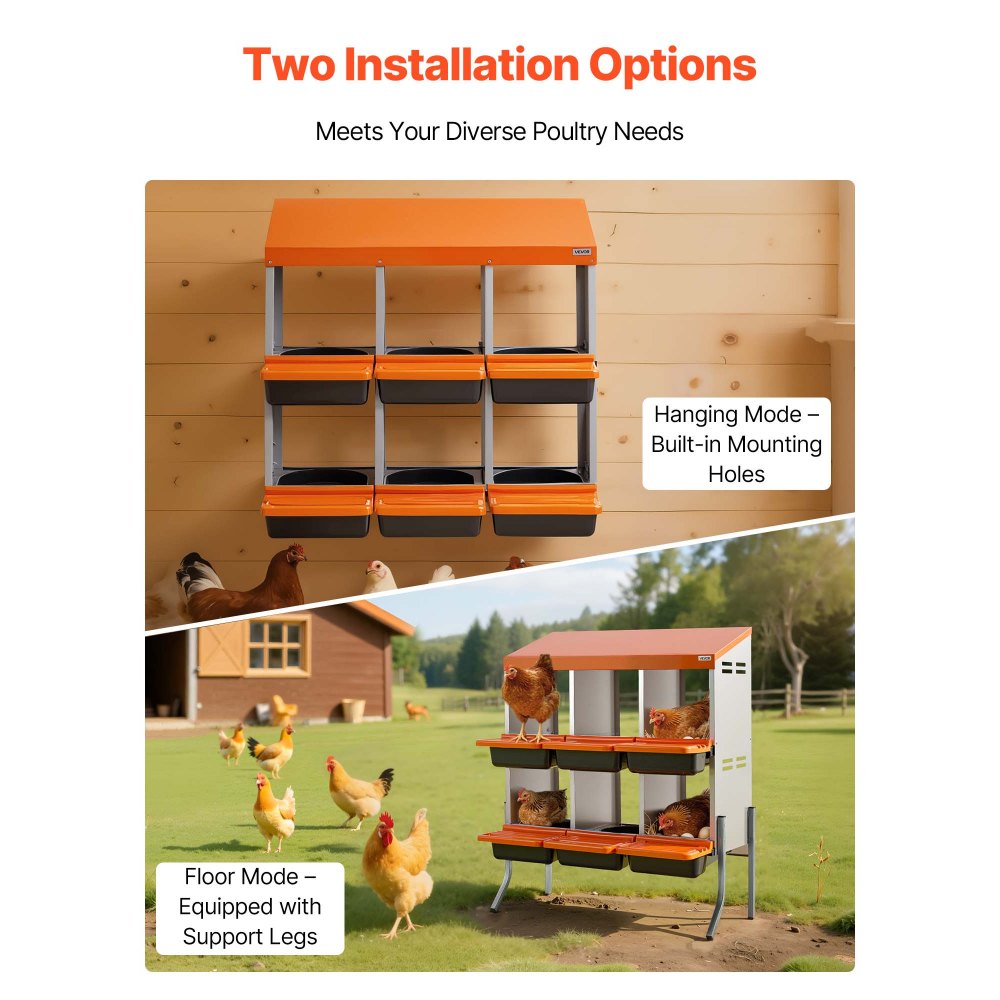 VEVOR Nidos para Gallinas, 6 Compartimentos, con Patas de Soporte, Fácil Recogida de Huevos, Acero Galvanizado y Plástico de Alta Resistencia, para Gallinas Ponedoras, Naranja, 795 x 525 x 990 mm