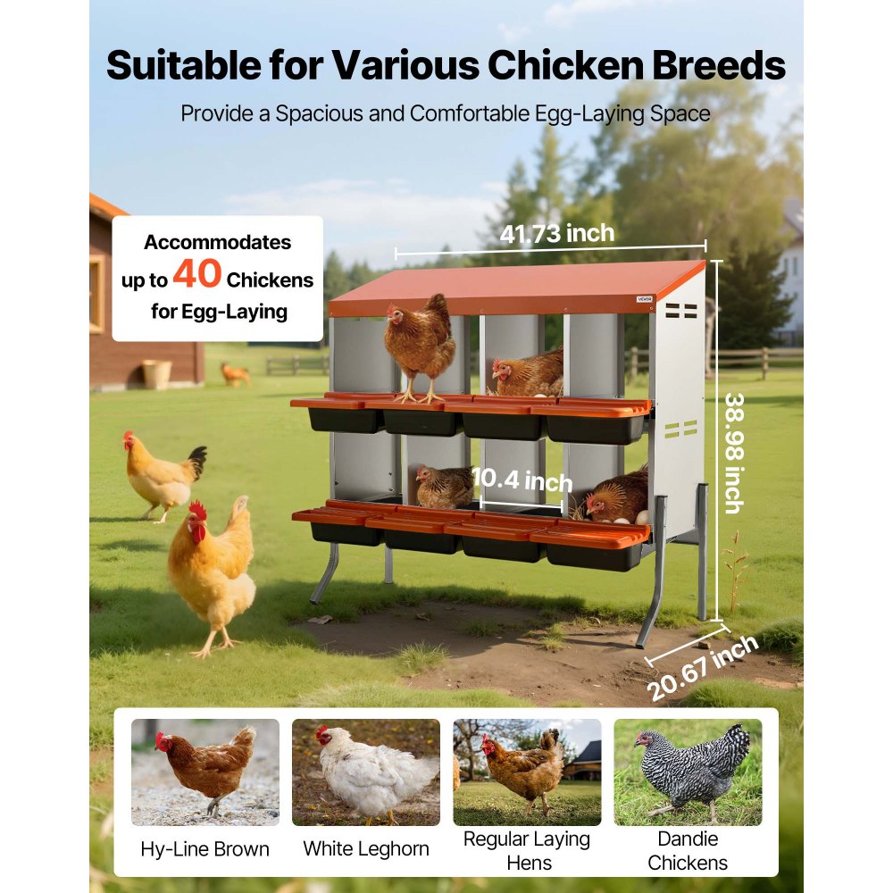 VEVOR Nidos para Gallinas, 8 Compartimentos, con Patas de Soporte, Fácil Recogida de Huevos, Acero Galvanizado y Plástico de Alta Resistencia, para Gallinas Ponedoras, Naranja, 1060 x 525 x 990 mm