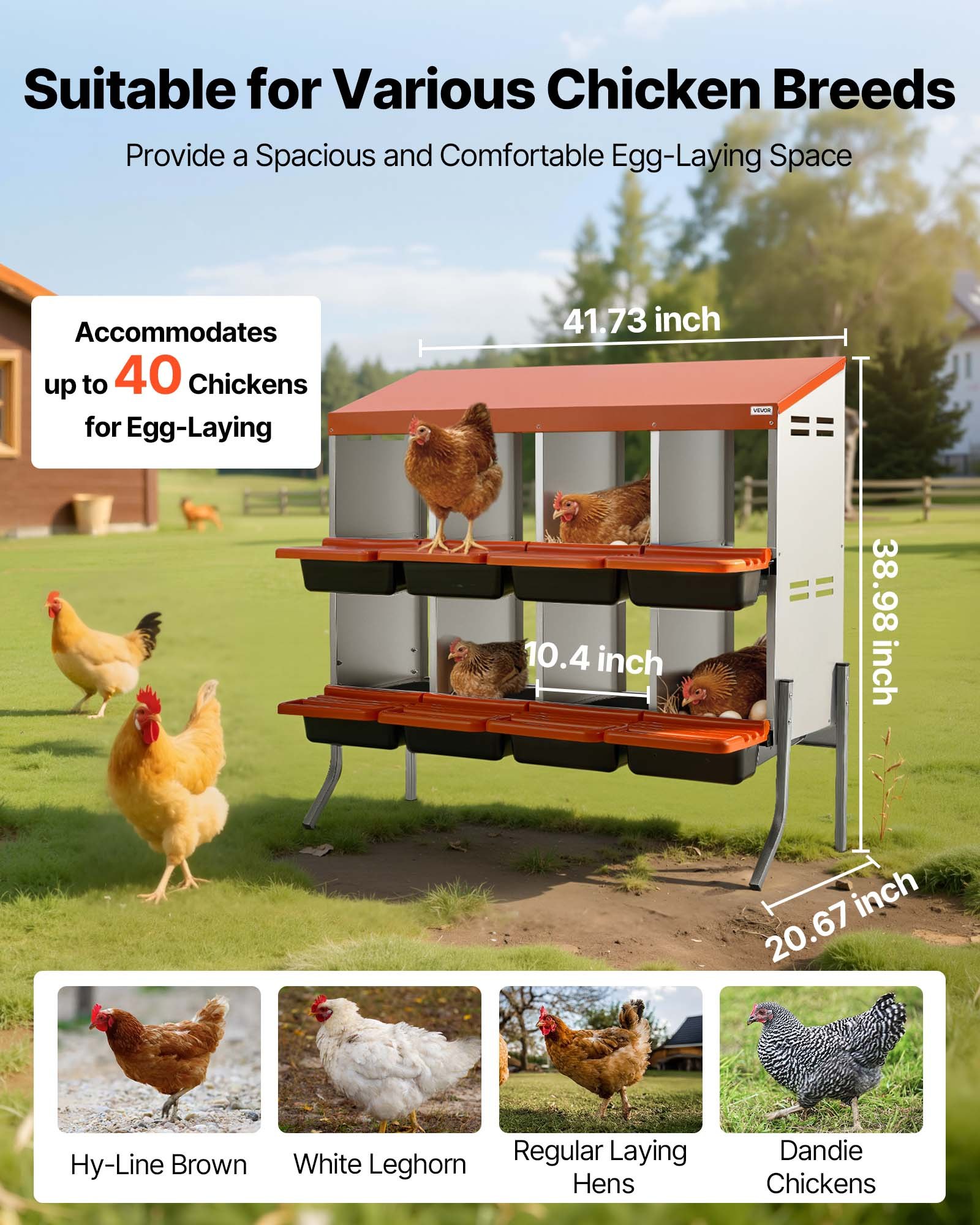 VEVOR Nidos para Gallinas, 8 Compartimentos, con Patas de Soporte, Fácil Recogida de Huevos, Acero Galvanizado y Plástico de Alta Resistencia, para Gallinas Ponedoras, Naranja, 1060 x 525 x 990 mm