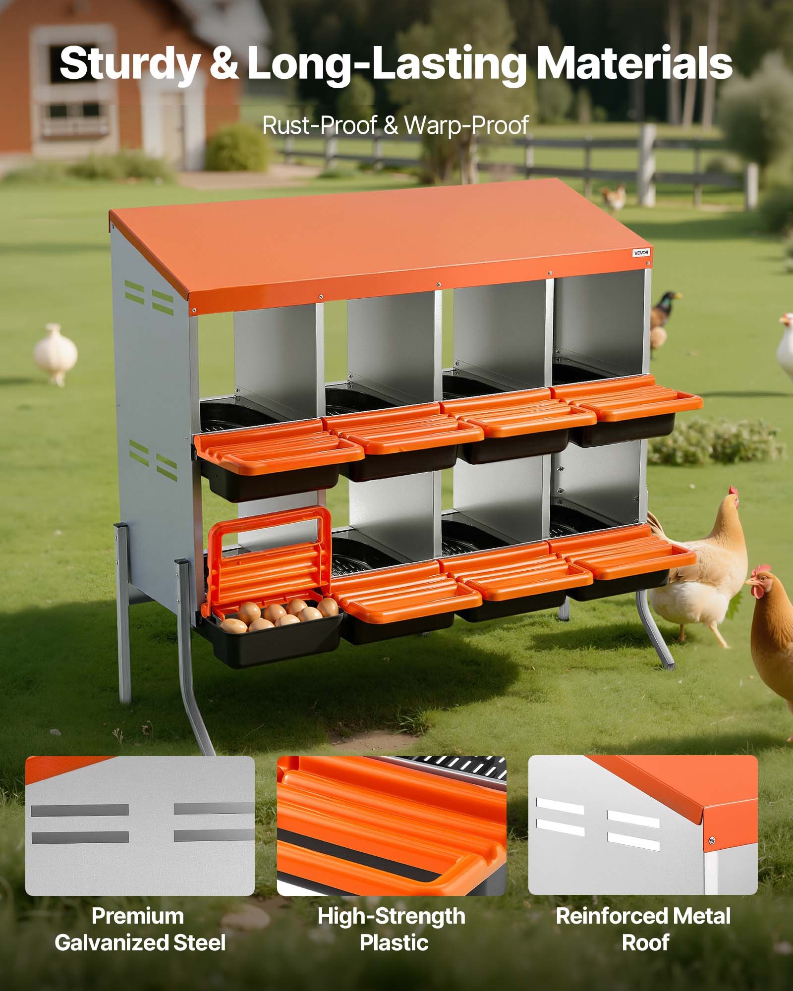 VEVOR Nidos para Gallinas, 8 Compartimentos, con Patas de Soporte, Fácil Recogida de Huevos, Acero Galvanizado y Plástico de Alta Resistencia, para Gallinas Ponedoras, Naranja, 1060 x 525 x 990 mm