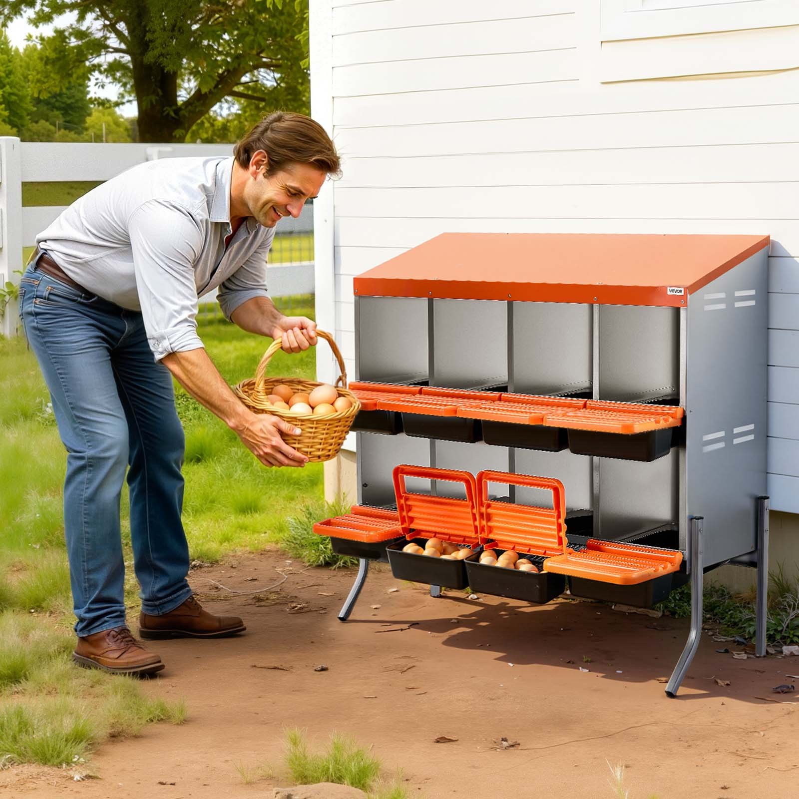 VEVOR Nidos para Gallinas, 8 Compartimentos, con Patas de Soporte, Fácil Recogida de Huevos, Acero Galvanizado y Plástico de Alta Resistencia, para Gallinas Ponedoras, Naranja, 1060 x 525 x 990 mm